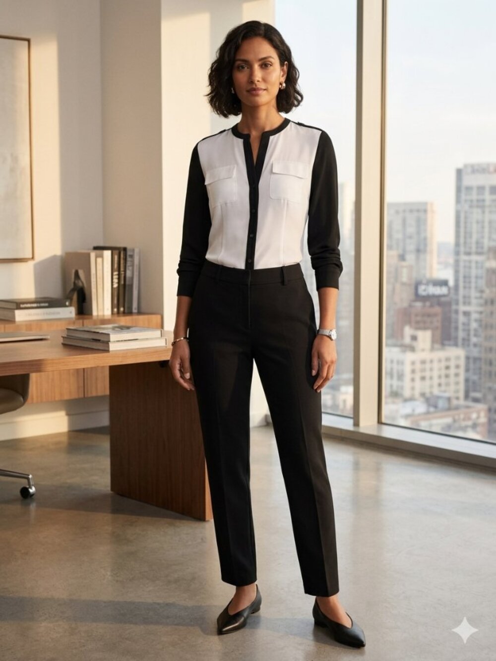 Calvin Klein Color Block Button Down Blouse XS White Black Long Sleeve
